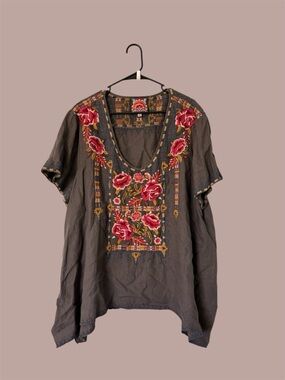 Johnny Was Brown Tunic with Red Floral Embroidery